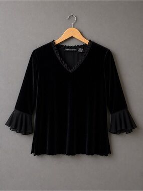 Impressions Black Velvet Ruffle Neck Bell Sleeve Blouse PL